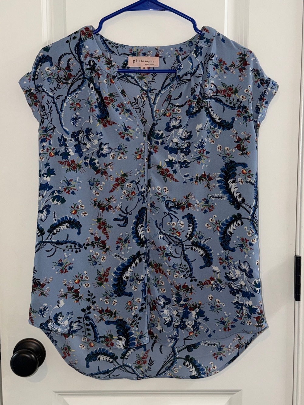 Philosophy Republic Clothing Blue Floral Print Blouse Women's XS Cap Sleeve Top
